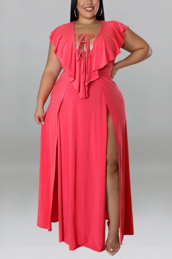 xl-5xl summer new plus size 6 colors solid color stretch v-neck lace-up ruffle high split sexy maxi dress