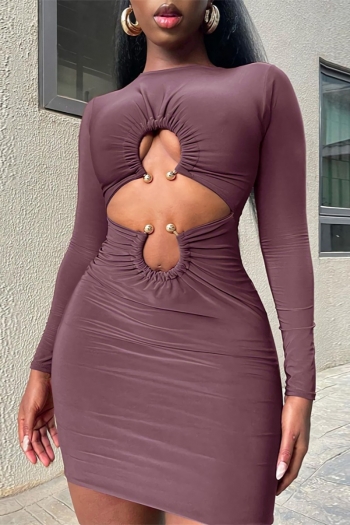 autumn new pure color high stretch cutout metal ring connected sexy bodycon mini dress