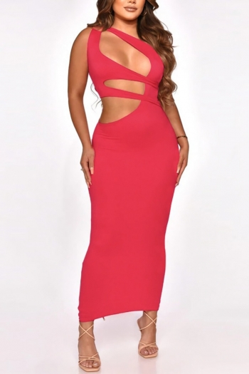 summer new stylish 3-colors solid color one shoulder hollow slim slight stretch plus size sexy maxi dress