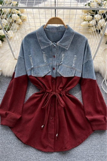 autumn new stylish 6 colors denim patchwork contrast color single breasted drawstring slight stretch casual mini dress