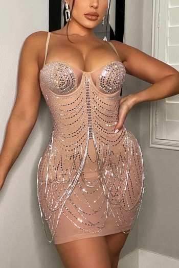 summer new stylish 3 colors rhinestone chain sling slight stretch plus size mesh see-through high quality sexy mini dress(with lined)
