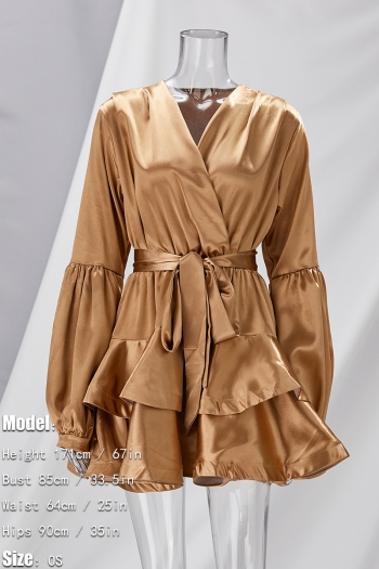 Spring & summer new 6 colors inelastic satin lantern long sleeves ruffle high quality casual mini dress(with belt)