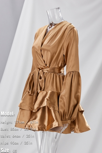 Spring & summer new 6 colors inelastic satin lantern long sleeves ruffle high quality casual mini dress(with belt)
