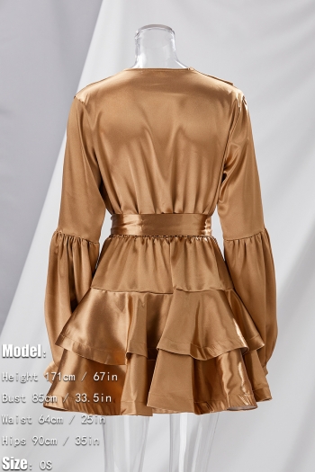 Spring & summer new 6 colors inelastic satin lantern long sleeves ruffle high quality casual mini dress(with belt)