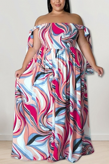 xl-5xl plus size summer new 4 colors stretch batch printing sling lace-up loose casual maxi dress