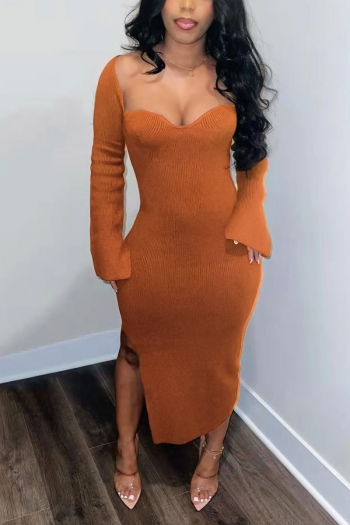 s-3xl plus size autumn new stylish three colors solid color square neck long sleeve stretch slit sexy midi dress
