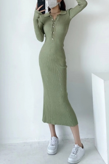 Autumn new 4 colors ribbed knit stretch turndown collar button stylish casual high quality midi dress