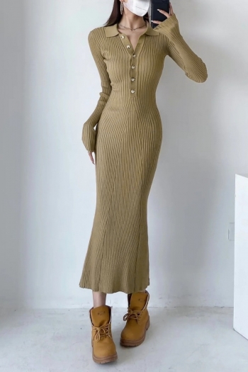 Autumn new 4 colors ribbed knit stretch turndown collar button stylish casual high quality midi dress