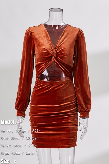 Autumn new 3 colors velvet kink design cutout shirring long sleeve tight slight stretch sexy mini dress