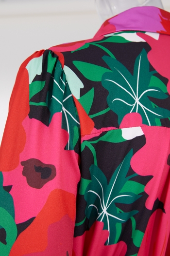 Autumn new stylish flower batch printing plus size non-stretch slit single breasted belt casual midi dress