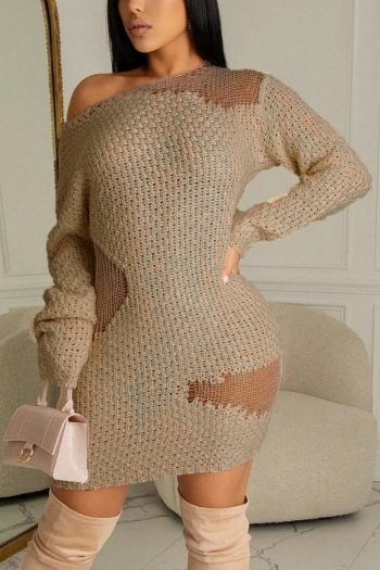 autumn & winter new 3 colors see through hollow out knitted slight stretch long sleeve sexy bodycon mini dress
