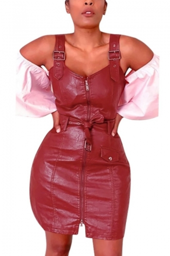 plus-size slight stretch best sellers pu zip-up pocket mini dress(with belt)
