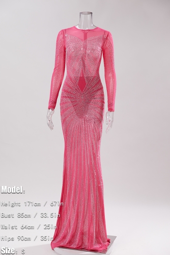 Sexy plus size slight stretch mesh rhinestone zip-up maxi dress(with underwear)