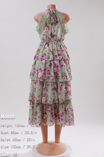 Casual non-stretch sleeveless floral batch printing lace cake maxi dress