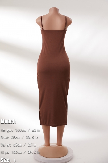 Sexy solid color stretch low cut sling backless slit slim midi dress