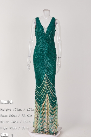 Sexy elegant plus size stretch sequin deep-v zip-up slim maxi mermaid  dress