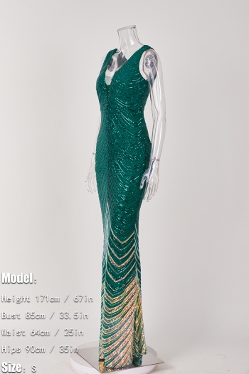 Sexy elegant plus size stretch sequin deep-v zip-up slim maxi mermaid  dress
