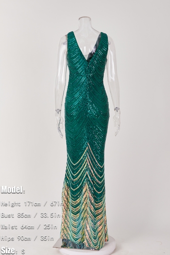 Sexy elegant plus size stretch sequin deep-v zip-up slim maxi mermaid  dress