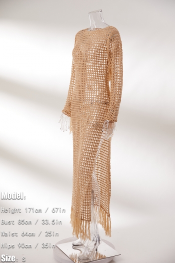 Sexy slight stretch crochet hollow orange tassel high slit cover-ups (without panties)