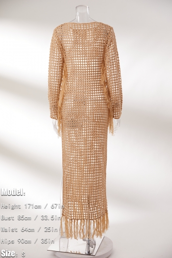 Sexy slight stretch crochet hollow orange tassel high slit cover-ups (without panties)