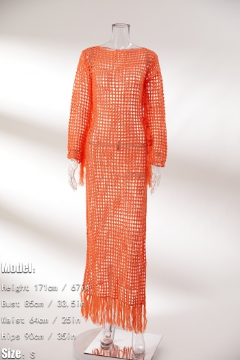 Sexy slight stretch crochet hollow orange tassel high slit cover-ups (without panties)