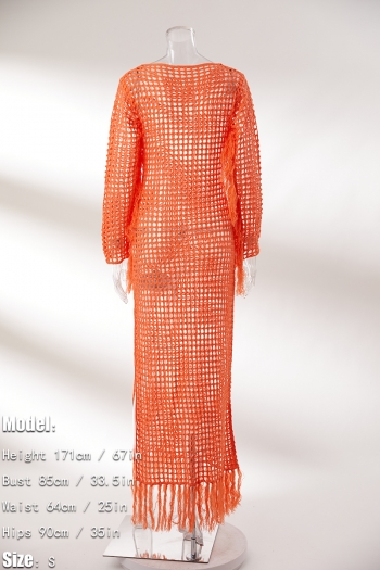 Sexy slight stretch crochet hollow orange tassel high slit cover-ups (without panties)