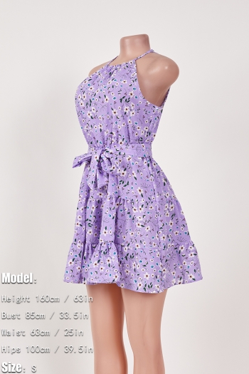 Casual non-stretch chiffon 3 colors floral batch printing mini dress with belt