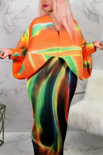 casual non-stretch orange dolman sleeve multicolor printing pleated midi dress