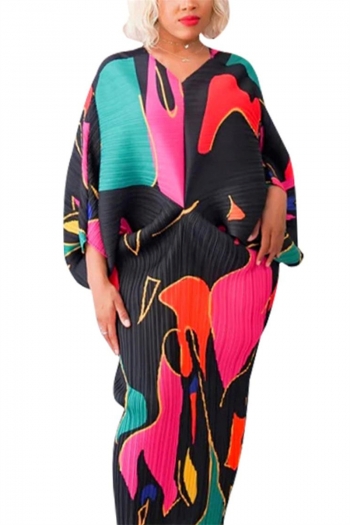 casual non-stretch dolman sleeve multicolor printing pleated midi dress #1