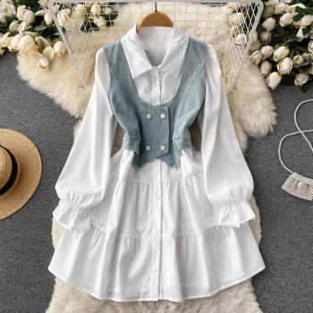 stylish non-stretch single-breasted a-line mini dress(with denim jacket vest)