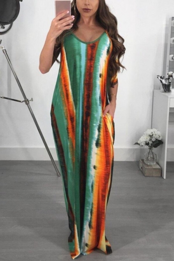 sexy plus size stretch tie-dye printing low-cut sling maxi dress(with belt) #1