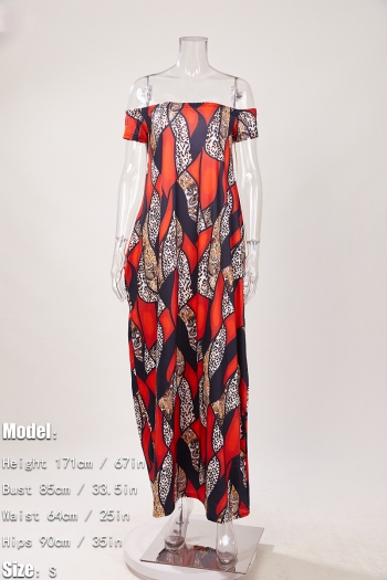 Stylish plus size batch print non-stretch off-the-shoulder pocket maxi dress #1