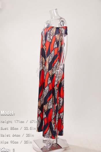 Stylish plus size batch print non-stretch off-the-shoulder pocket maxi dress #1
