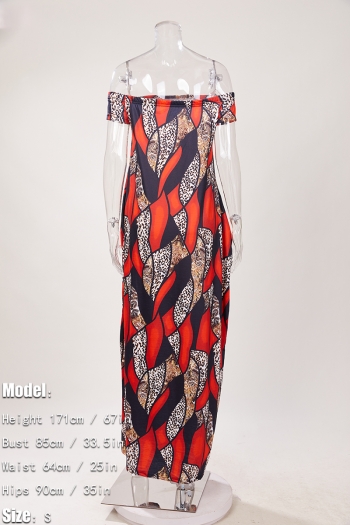 Stylish plus size batch print non-stretch off-the-shoulder pocket maxi dress #1