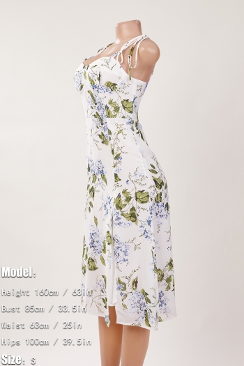 Sexy slight stretch sling shirring high slit print midi dress size run small