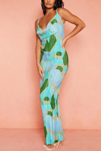 sexy slight stretch color block batch printing slim sling maxi dress