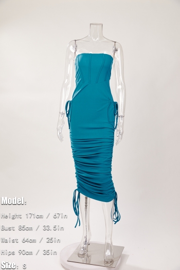 Sexy slight stretch solid color strapless drawstring pocket midi dress