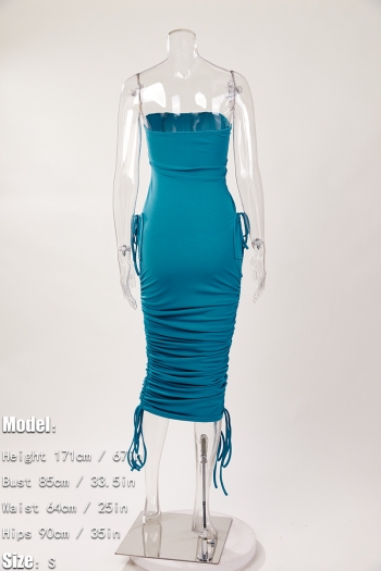 Sexy slight stretch solid color strapless drawstring pocket midi dress