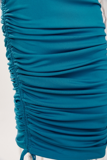 Sexy slight stretch solid color strapless drawstring pocket midi dress