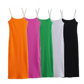 sexy slight stretch solid color sling slim midi dress size run small