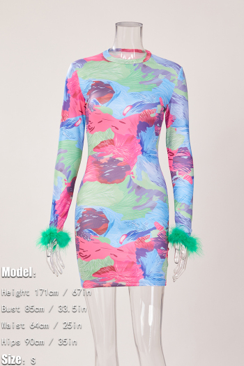Sexy slight stretch print slim fuzzy long sleeve mini dress