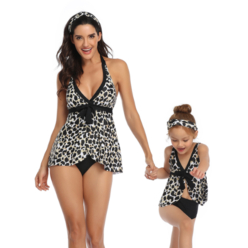 New sexy fresh padded leopard print skirted two-piece parent-child swimwear-MOM (Without hair band)