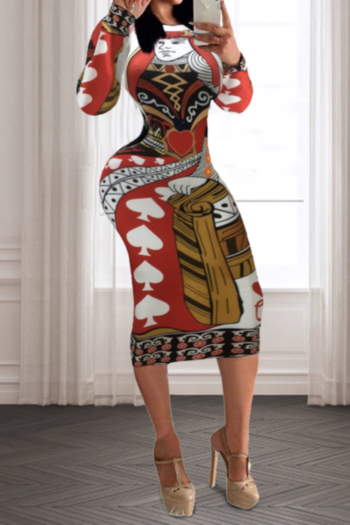 new stylish poker q print slim fit stretch long sleeve dress