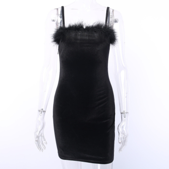 New stylish sling splice fluff slim micro-elastic solid color velvet dress