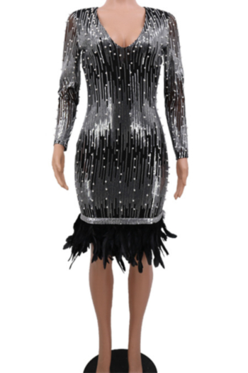 New stylish plus size beading sequin splice feather slim stretch dress