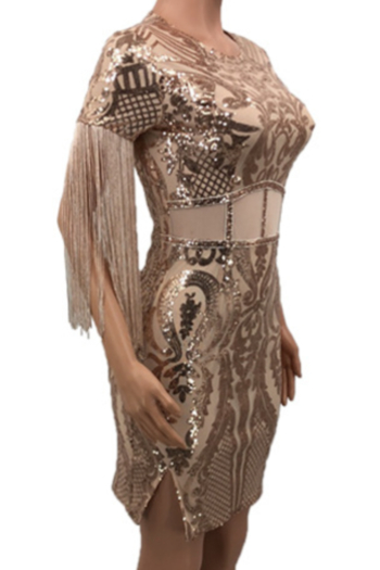New stylish plus size tassel mesh splice sequin slim stretch dress