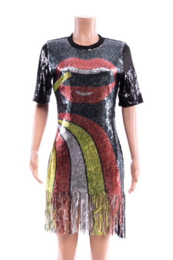New stylish plus size multicolor sequin tassel lip pattern micro-elastic dress