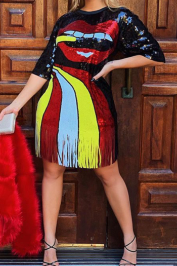 New stylish plus size multicolor sequin tassel lip pattern micro-elastic dress