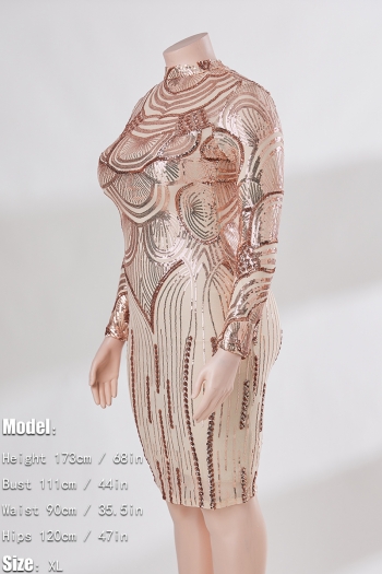 New stylish plus size high neck geometrical pattern sequin splice lining slim stretch dress