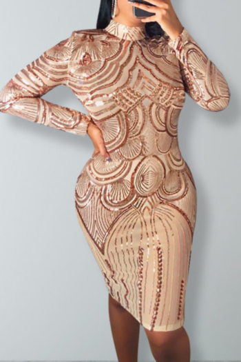 New stylish plus size high neck geometrical pattern sequin splice lining slim stretch dress